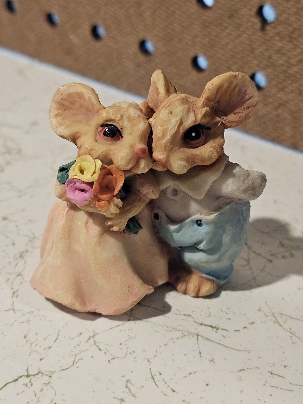 Hand-Painted Pink and Blue Mouse Couple Figurine with Bouquet